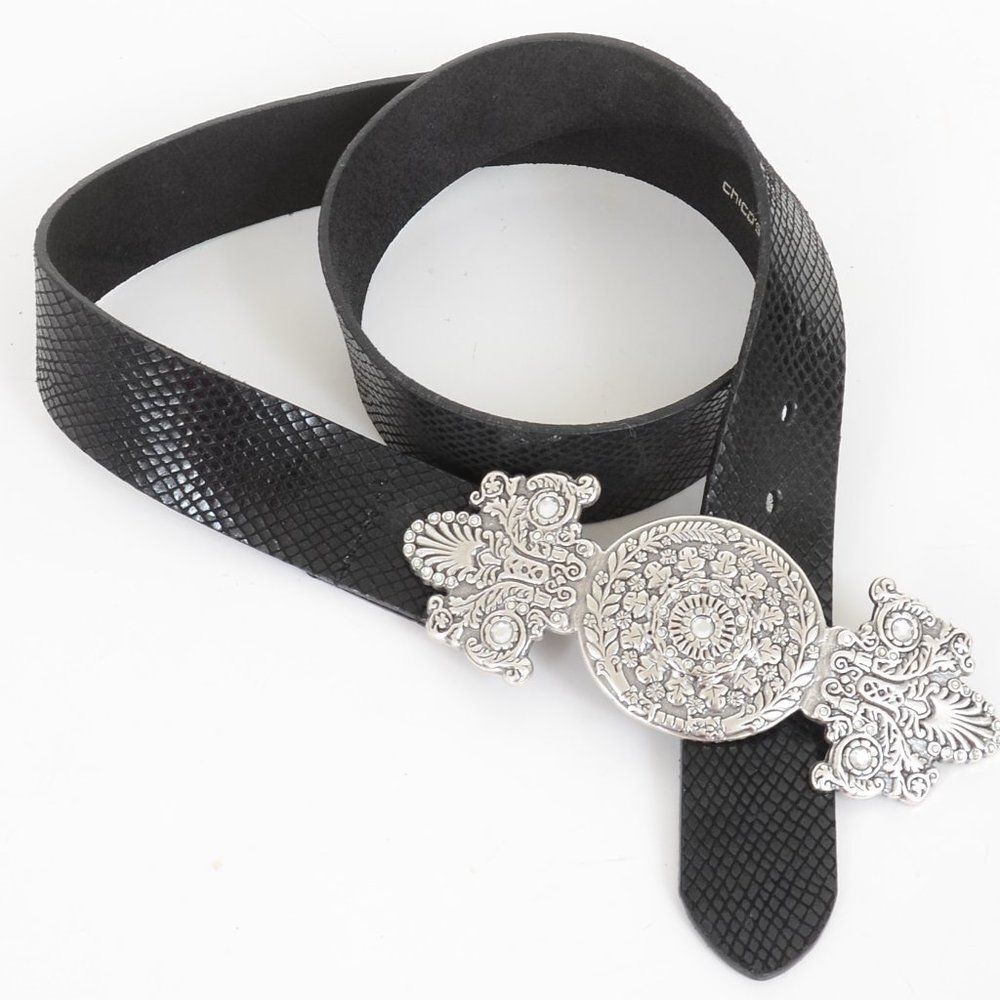 Chico's Rhinestone Chunky Buckle Black Textured Leather Belt‎